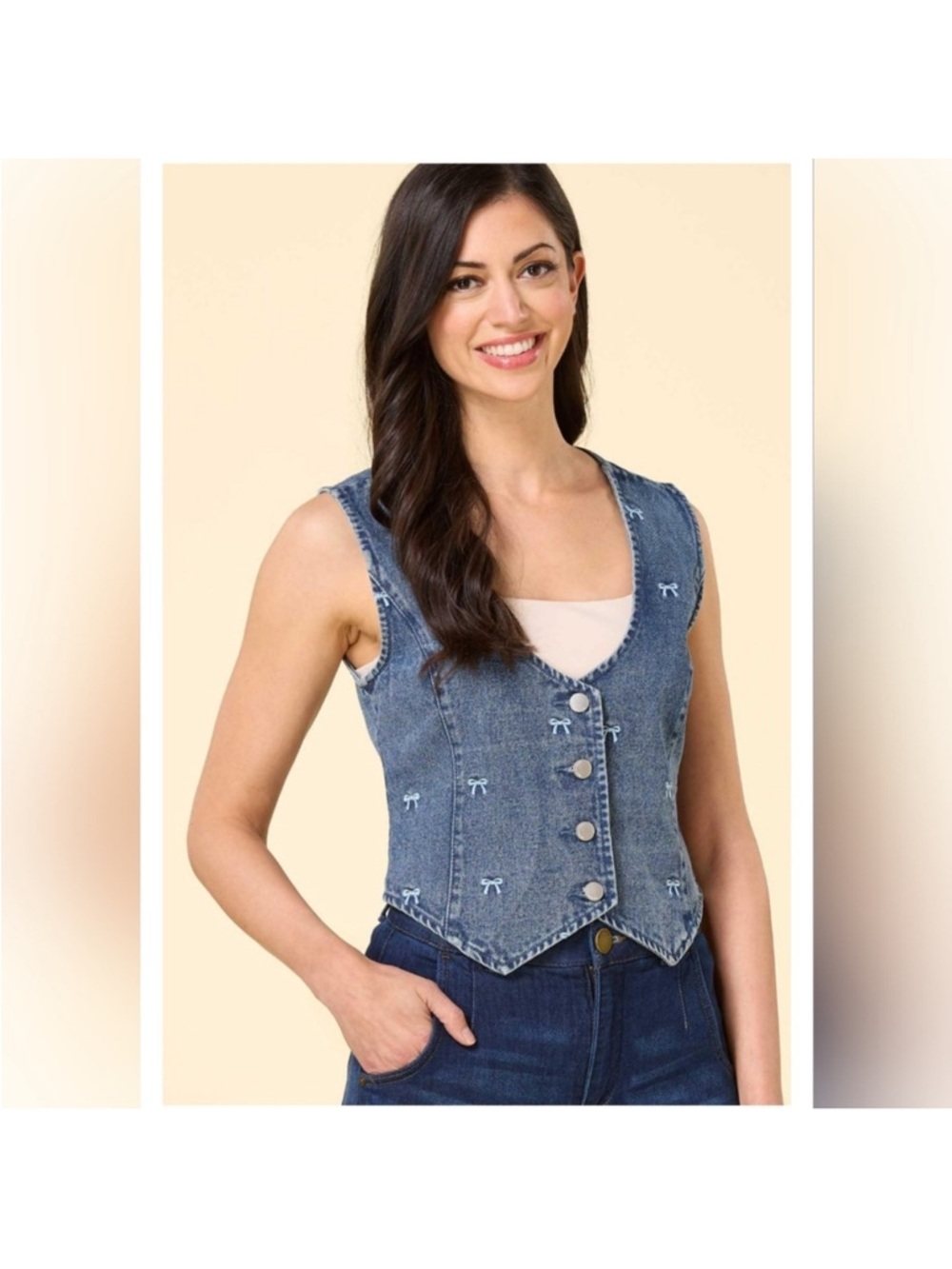 STOOSH VINTAGE DENIM VEST With‎ Embroidered Bows Size Small NWT
